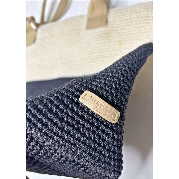 The Sak Two-Tone Crochet Tote Bag – Black Cream Knit Shoulder Purse Handbag - Picture 6 of 10